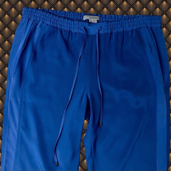 Vince Navy Blue 100% Silk Drawstring Waist Tapered Slim Leg Tuxedo Stripe Pants - Picture 5 of 16